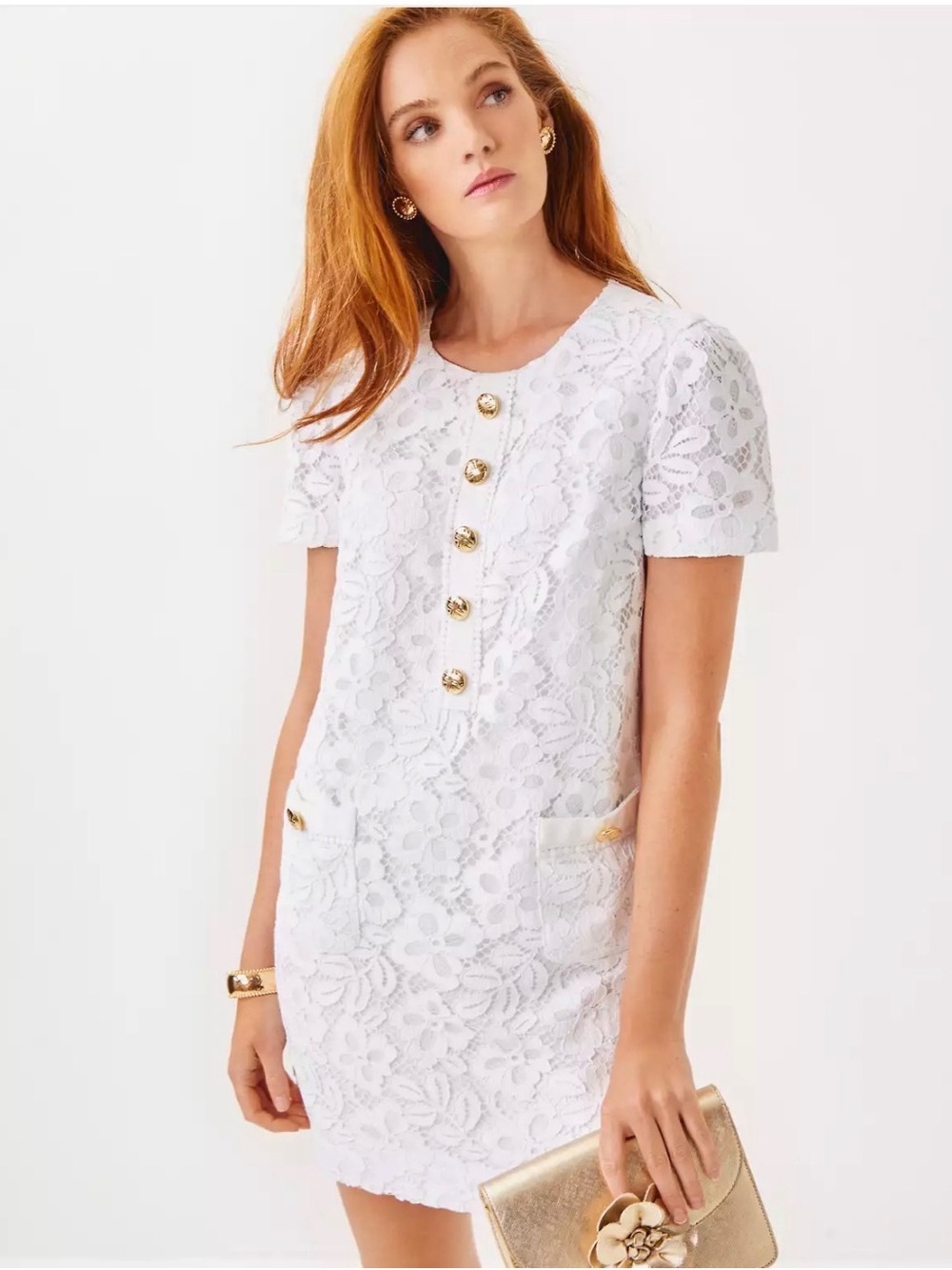 Lilly Pulitzer White Lace Short-Sleeve Shift Dress with Gold Buttons